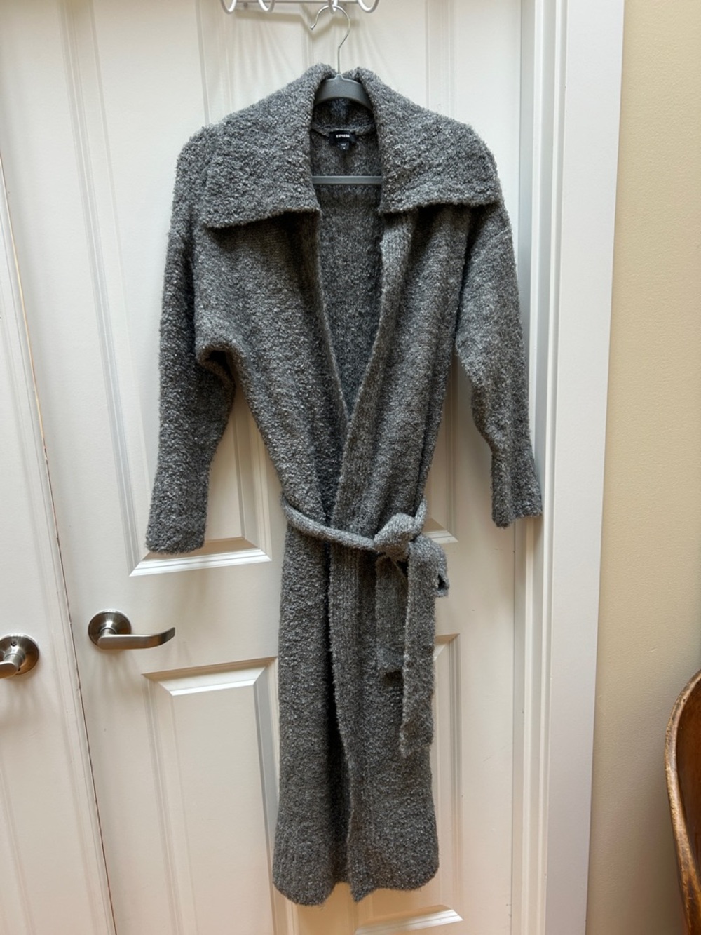 Express Gray Long Open-Front Belted Duster Coat